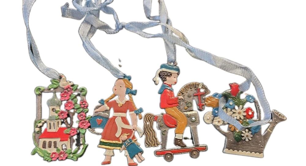 Vintage German Kuhn Zinn Pewter Ornaments 4pc Lot Girl Boy
